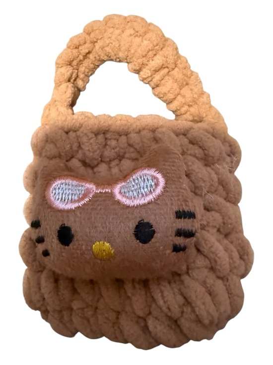 Hello Kitty Other - Hello Kitty Plush Knit Handbag in Caramel Brown with Pink Bow Pearl button